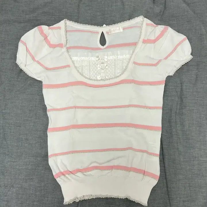 [BUNJANG] Vintage Striped Lace Ribbon Crop Top / 일본빈티지 스트라이프 레이스 리본 반팔 로걀탑 히메갸루 stc