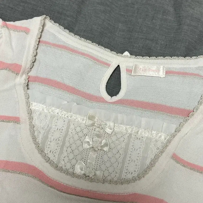 [BUNJANG] Vintage Striped Lace Ribbon Crop Top / 일본빈티지 스트라이프 레이스 리본 반팔 로걀탑 히메갸루 stc