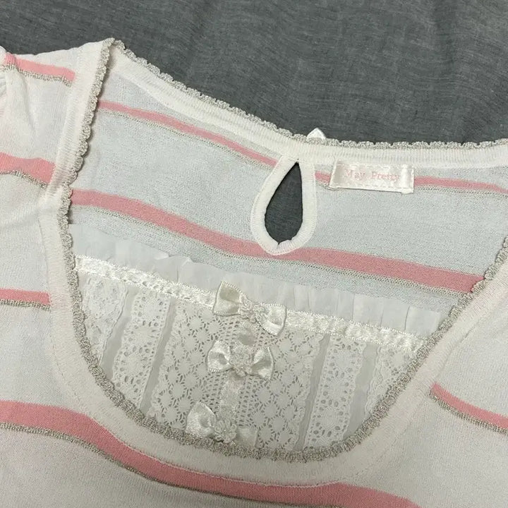 [BUNJANG] Vintage Striped Lace Ribbon Crop Top / 일본빈티지 스트라이프 레이스 리본 반팔 로걀탑 히메갸루 stc