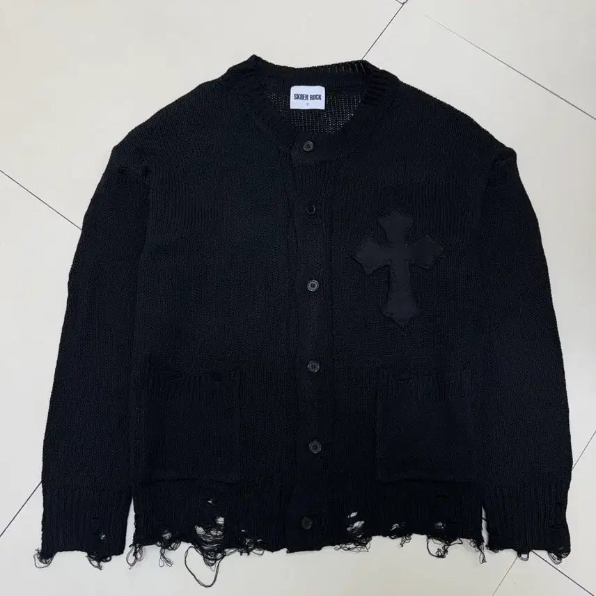 [BUNJANG] Sk8er Rock Distressed Cross Damage Cardigan / 스케이터락 그런지 크로스 데미지 디스트로이드 가디건 블랙