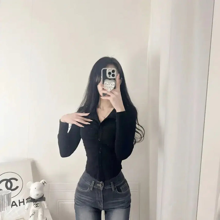 [BUNJANG] Black Shirred Glam Long Sleeve Blouse / 블랙 셔링 글램 긴팔 볼륨 굴림 블라우스