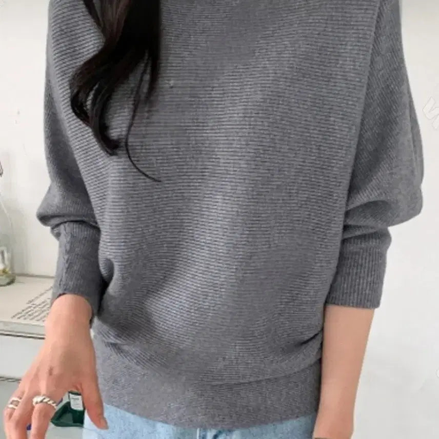 [BUNJANG] Basic Boat Neck Batwing Knit Top / 보트넥 가오리 골지니트 (새옷) 그레이