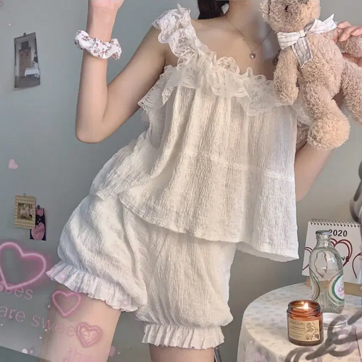 [BUNJANG] White Lace Frill Pajama Set / 청순 레이스 프릴 화이트 나시 반바지 여름 잠옷 세트 파자마 에이블리