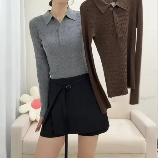 [BUNJANG] Conny Ribbed Collar Wool Knit T-shirt / 코니 골지 카라 양모 니트 티셔츠 브라운(새제품)