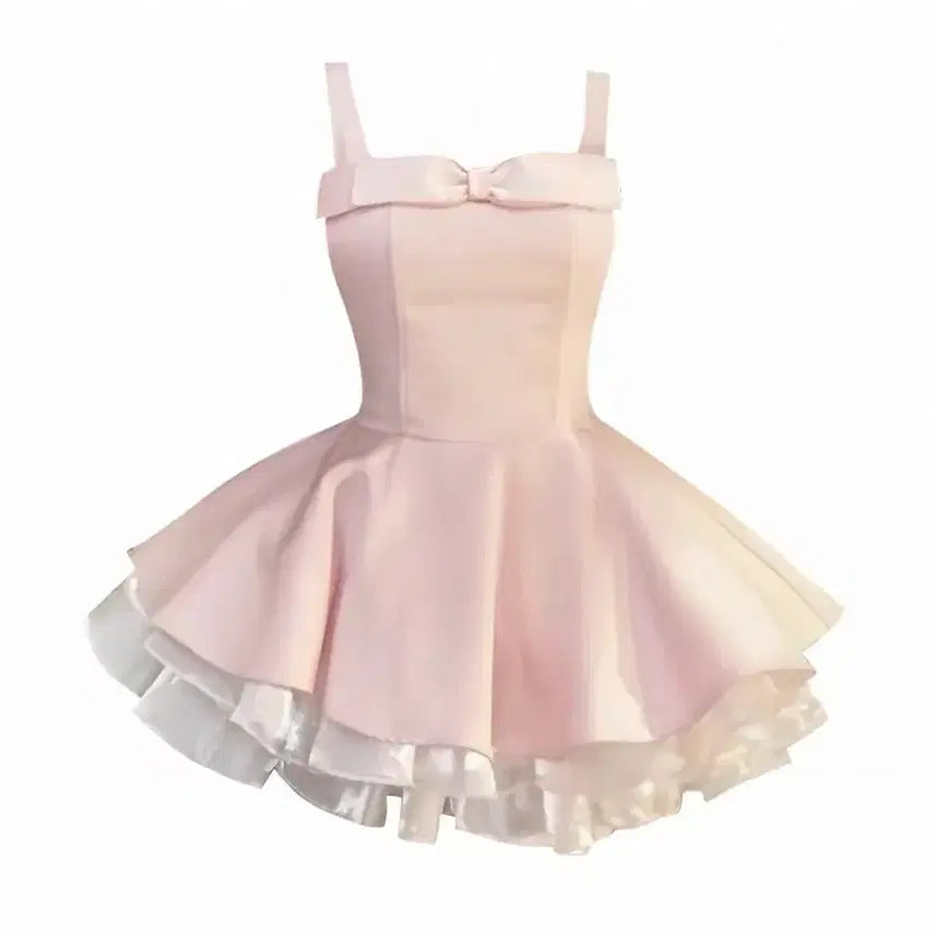 [BUNJANG] Pink Satin Lace Frill Dress / 리본 프릴 새틴 레이스 캉캉 핑크 원피스 양산형 지뢰계 스나계