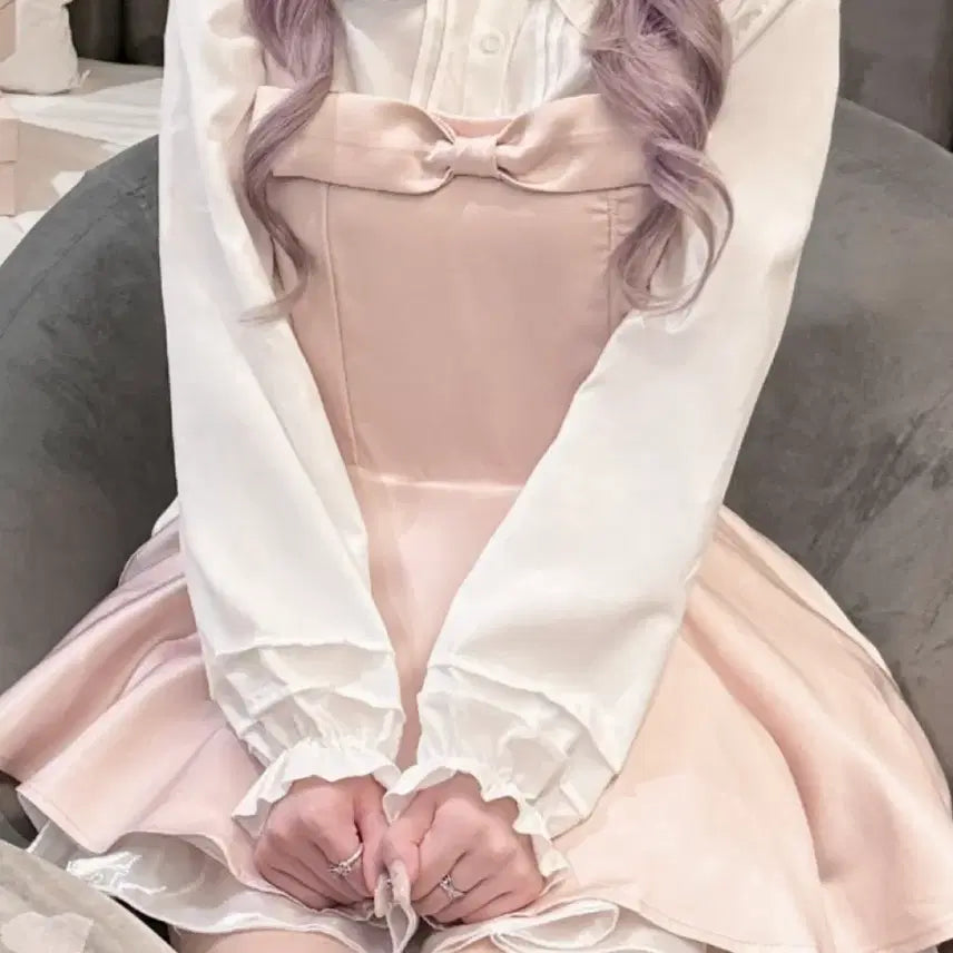 [BUNJANG] Pink Satin Lace Frill Dress / 리본 프릴 새틴 레이스 캉캉 핑크 원피스 양산형 지뢰계 스나계