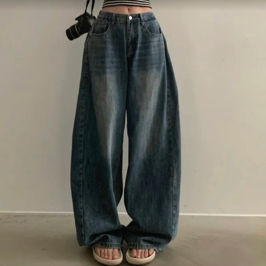 [BUNJANG] Sugar Powder Vintage Side Tucked Wide Denim Pants / 에이블리 슈가파우더 교신 워크 빈티지 사이드 핀턱 워싱 와이드 데님팬츠