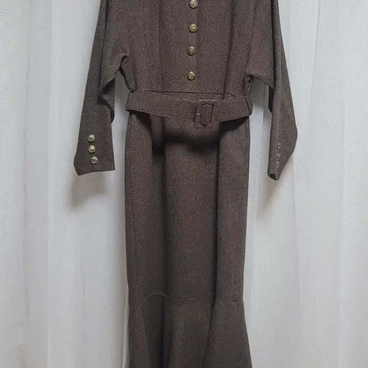 [BUNJANG] Brown Wool Long Dress / 브라운 벨트 금장 버튼 울 롱 원피스