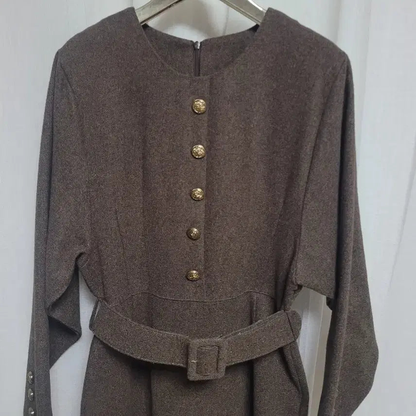 [BUNJANG] Brown Wool Long Dress / 브라운 벨트 금장 버튼 울 롱 원피스