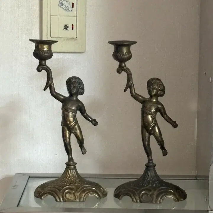 [BUNJANG] Vintage Bronze Angel Candle Holder Pair / 유럽 빈티지 브론즈 아기 천사 촛대 한 쌍