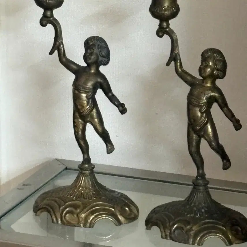 [BUNJANG] Vintage Bronze Angel Candle Holder Pair / 유럽 빈티지 브론즈 아기 천사 촛대 한 쌍