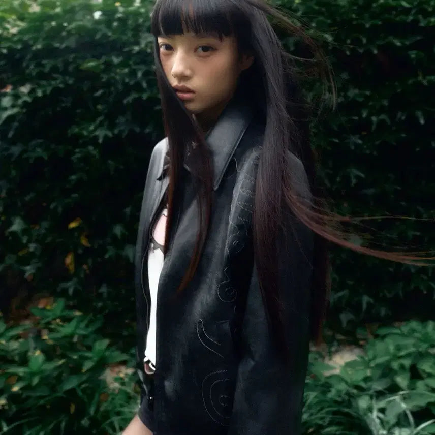 [BUNJANG] LATIGEN Kuromi Black Leather Jacket (New) / 라티젠 쿠로미 블랙 레더 자켓 (새제품)