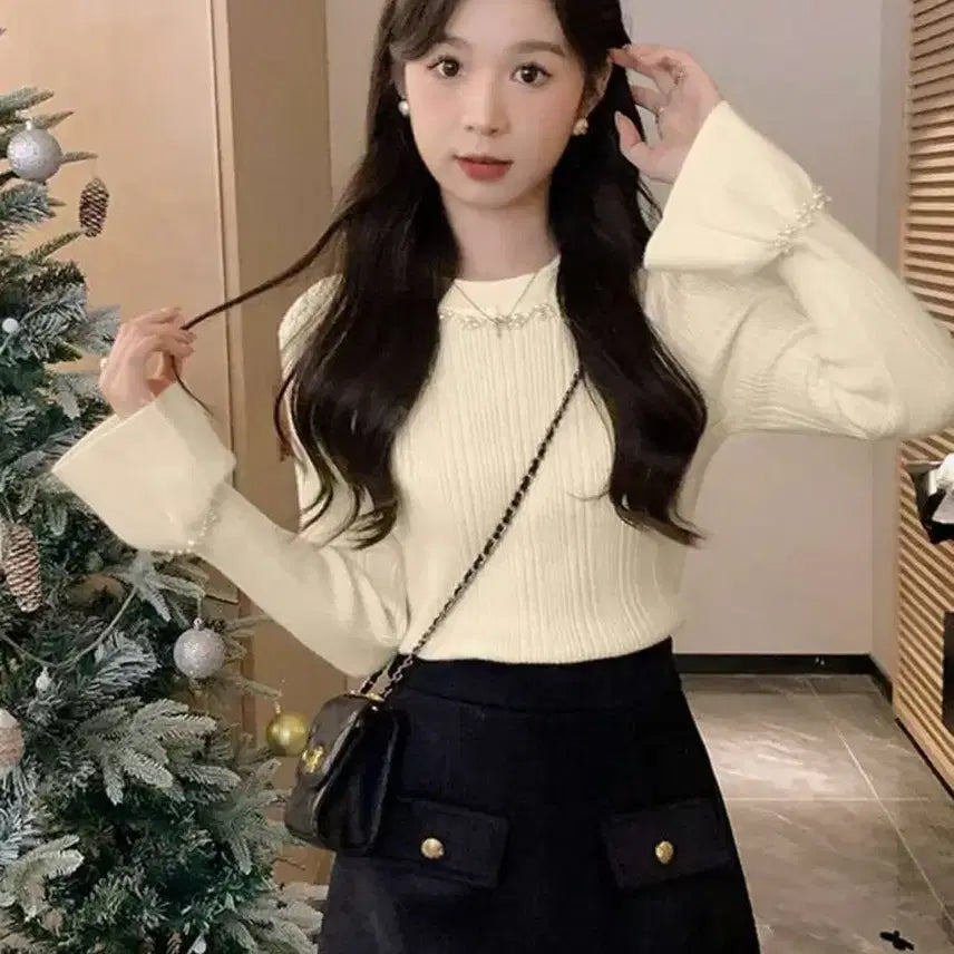 [SOLD OUT] 쉬인 shein 진주 플레어 슬리브 니트 아이보리 그레일 스나계 일브