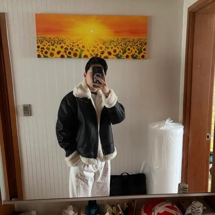 [BUNJANG] DopeJaison High Neck Leather Mouton Jacket (M) / 도프제이슨 하이넥 레더 무톤 자켓 m