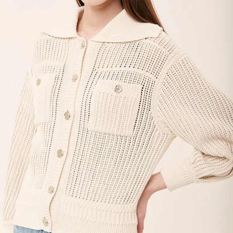[BUNJANG] Hansome Time Crochet Collar Knit Button Cardigan Cream Ivory / 한섬 타임 TIME 크로셰 카라 니트 버튼 가디건 크림 아이보리 완판