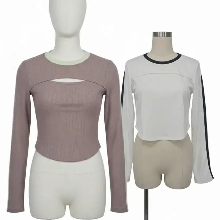 [BUNJANG] Line Point Crop Long Sleeve T-shirt / 화이트 크롭 긴팔 티셔츠 라인 포인트