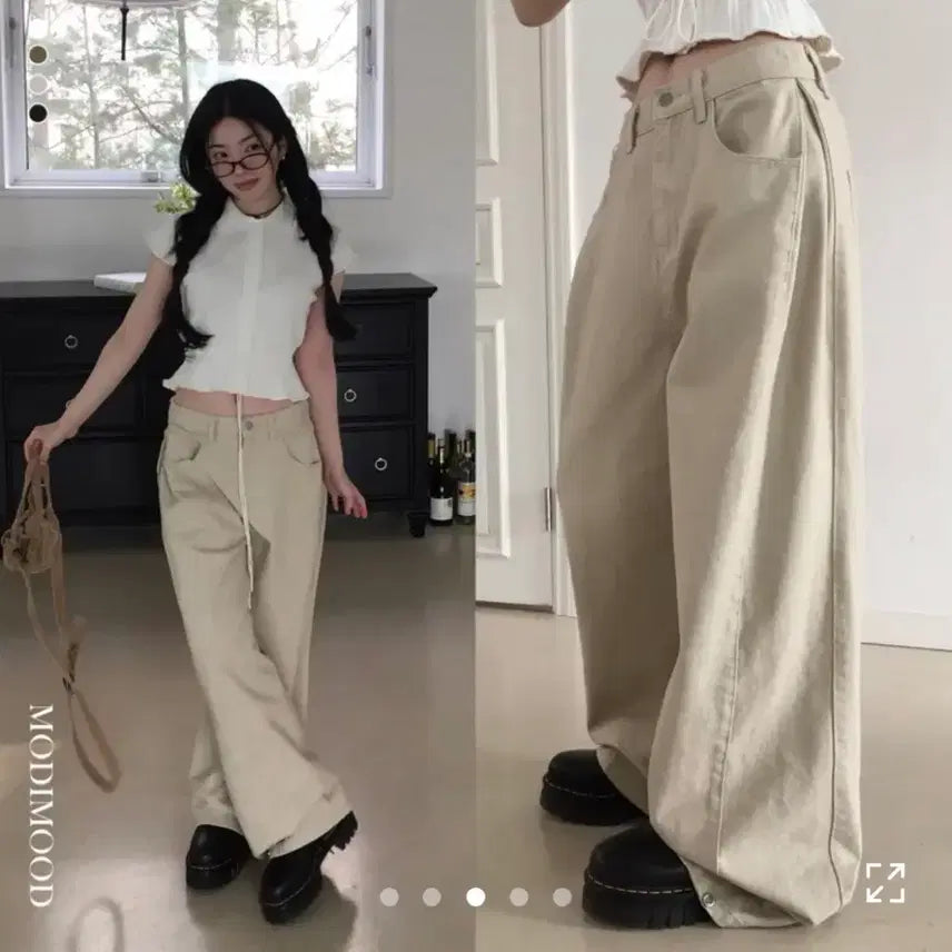 [BUNJANG] Modimood Side Snap Wide Cotton Pleated Pants Beige / 에이블리 모디무드 사이드 스냅 와이드 코튼 핀턱 팬츠 베이지