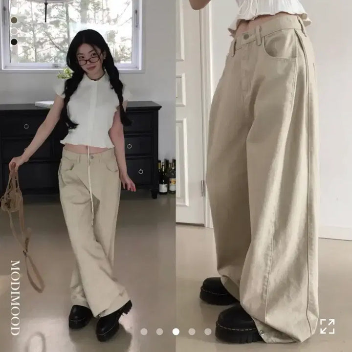 [BUNJANG] Modimood Side Snap Wide Cotton Pleated Pants Beige / 에이블리 모디무드 사이드 스냅 와이드 코튼 핀턱 팬츠 베이지