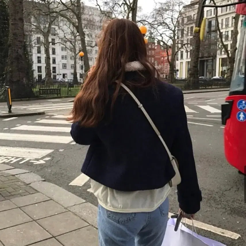 [BUNJANG] Code:Yoo Maple Navy Jacket / Sherpa Crop Short Coat / 코드유 메이플 네이비 자켓 / 양털 크롭 숏 코트 타낫