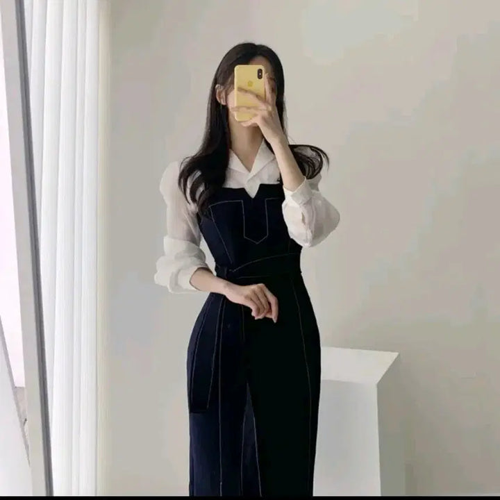 [SOLD OUT] 워너비뮤즈 스티치 스퀘어넥 뷔스티에 롱원피스
