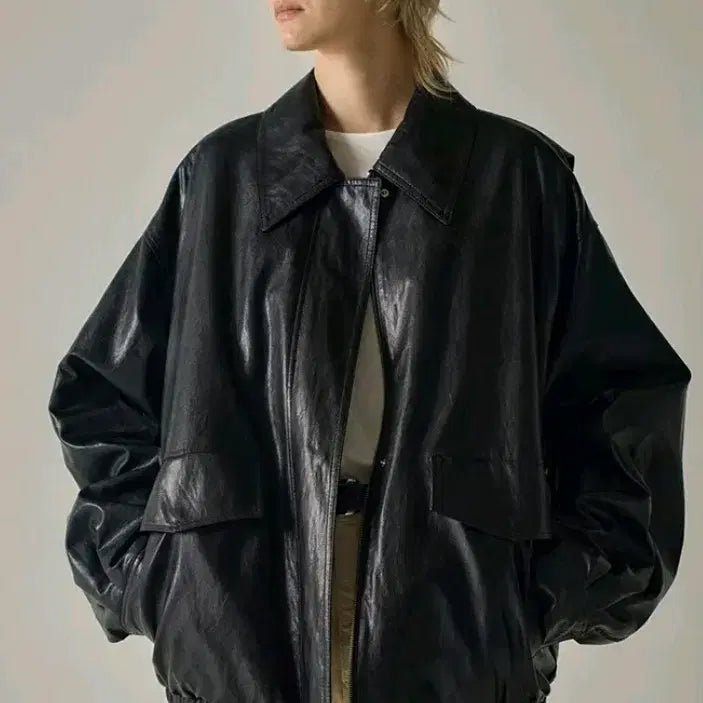 [BUNJANG] Unspecified Brand Black Leather Jacket (Small) / 파사드패턴 오버핏 블랙 레더 블루종s