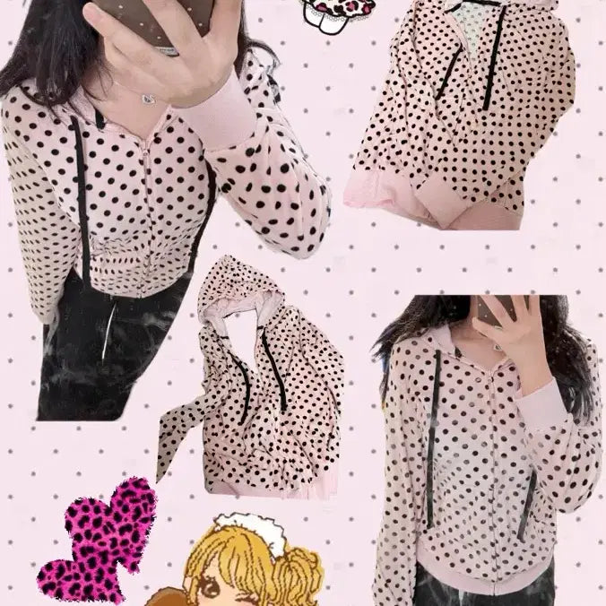 [BUNJANG] ETIENNE Pink Polka Dot Vintage Hoodie Zip-Up / ETIENNE 갸루 후드집업 핑크 도트 빈티지 로걀 jk 오네 히메