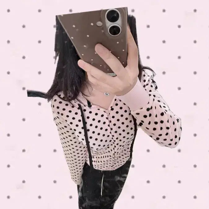 [BUNJANG] ETIENNE Pink Polka Dot Vintage Hoodie Zip-Up / ETIENNE 갸루 후드집업 핑크 도트 빈티지 로걀 jk 오네 히메