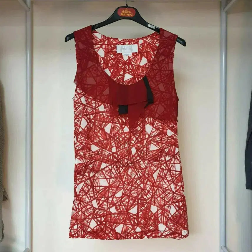 [BUNJANG] Hanii Y Red Abstract Pattern Ruffle Neck Jersey Top / Hanii Y 하니와이 레드추상패턴 러플넥 저지 탑 오브제 윤한희 한섬