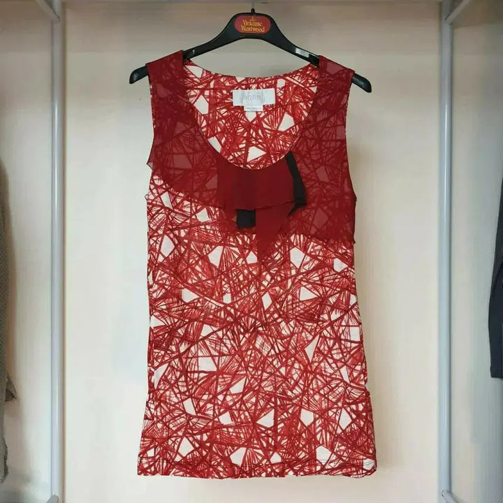 [BUNJANG] Hanii Y Red Abstract Pattern Ruffle Neck Jersey Top / Hanii Y 하니와이 레드추상패턴 러플넥 저지 탑 오브제 윤한희 한섬