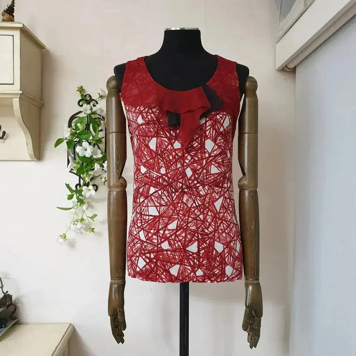 [BUNJANG] Hanii Y Red Abstract Pattern Ruffle Neck Jersey Top / Hanii Y 하니와이 레드추상패턴 러플넥 저지 탑 오브제 윤한희 한섬