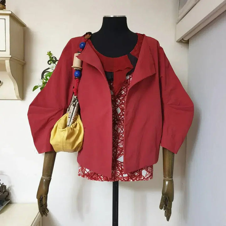 [BUNJANG] Hanii Y Red Abstract Pattern Ruffle Neck Jersey Top / Hanii Y 하니와이 레드추상패턴 러플넥 저지 탑 오브제 윤한희 한섬