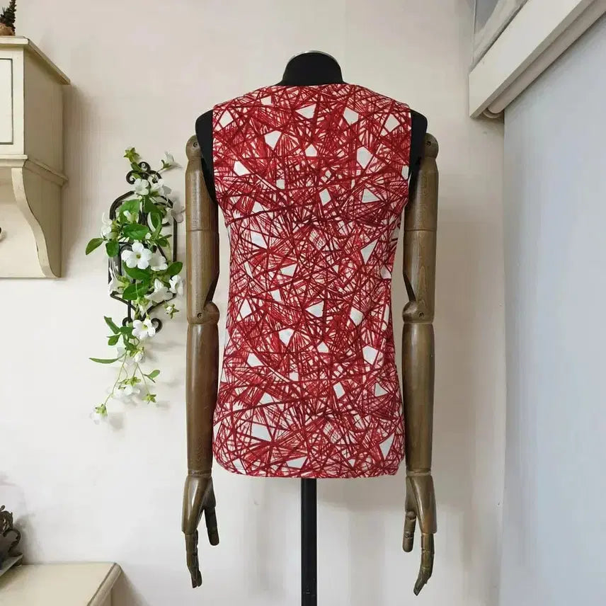 [BUNJANG] Hanii Y Red Abstract Pattern Ruffle Neck Jersey Top / Hanii Y 하니와이 레드추상패턴 러플넥 저지 탑 오브제 윤한희 한섬