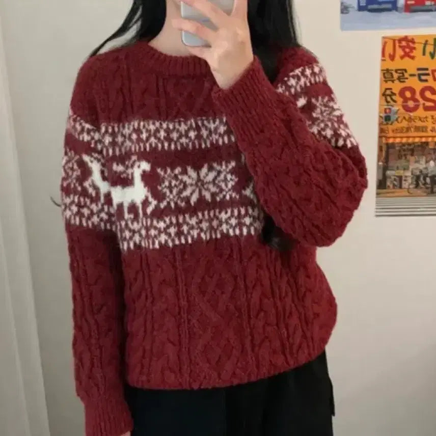 [BUNJANG] Avely Flower Deer Nordic Knit Sweater / 에이블리 꽃사슴 눈꽃 노르딕 니트 팔아요