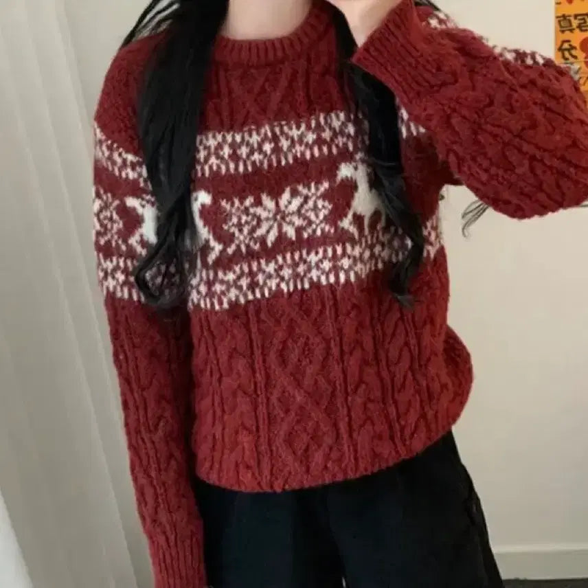 [BUNJANG] Avely Flower Deer Nordic Knit Sweater / 에이블리 꽃사슴 눈꽃 노르딕 니트 팔아요