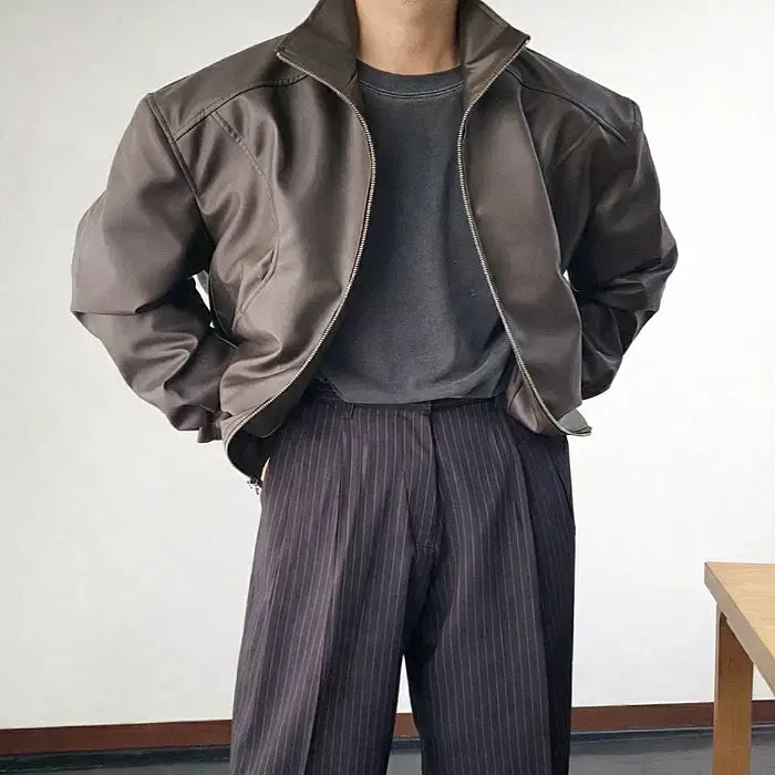 [BUNJANG] Men's High Neck Crop Leather Rider Jacket / 남자 하이넥 크롭 레더 라이더 자켓 2컬러