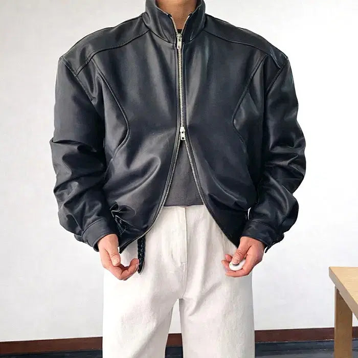 [BUNJANG] Men's High Neck Crop Leather Rider Jacket / 남자 하이넥 크롭 레더 라이더 자켓 2컬러