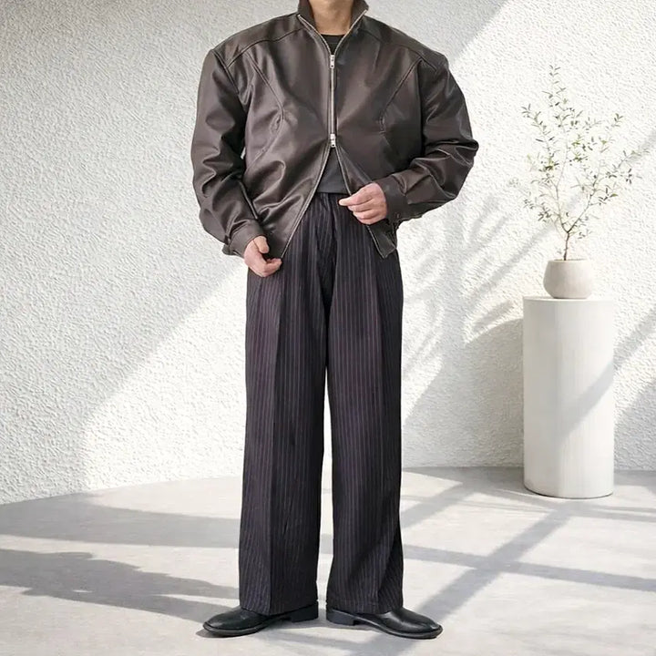 [BUNJANG] Men's High Neck Crop Leather Rider Jacket / 남자 하이넥 크롭 레더 라이더 자켓 2컬러