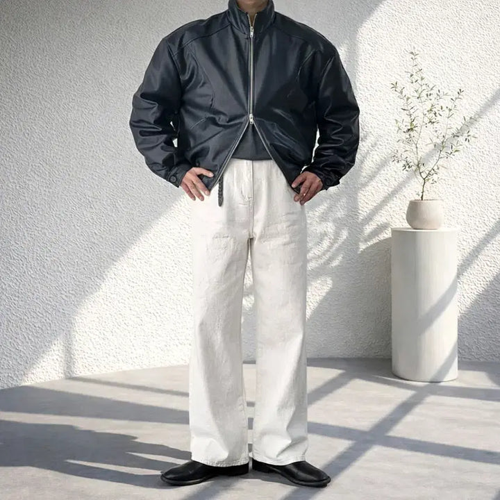 [BUNJANG] Men's High Neck Crop Leather Rider Jacket / 남자 하이넥 크롭 레더 라이더 자켓 2컬러