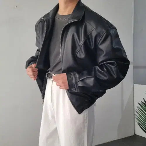 [BUNJANG] Men's High Neck Crop Leather Rider Jacket / 남자 하이넥 크롭 레더 라이더 자켓 2컬러