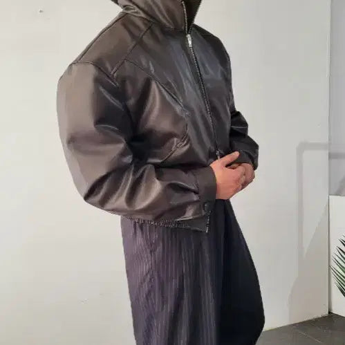 [BUNJANG] Men's High Neck Crop Leather Rider Jacket / 남자 하이넥 크롭 레더 라이더 자켓 2컬러