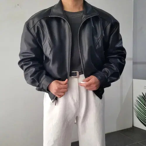[BUNJANG] Men's High Neck Crop Leather Rider Jacket / 남자 하이넥 크롭 레더 라이더 자켓 2컬러