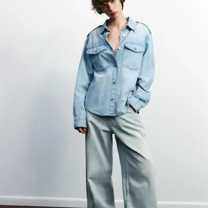[BUNJANG] ZARA Denim Shirt XL / 자라 버클 데님 견장 연청 데님 셔츠 xl