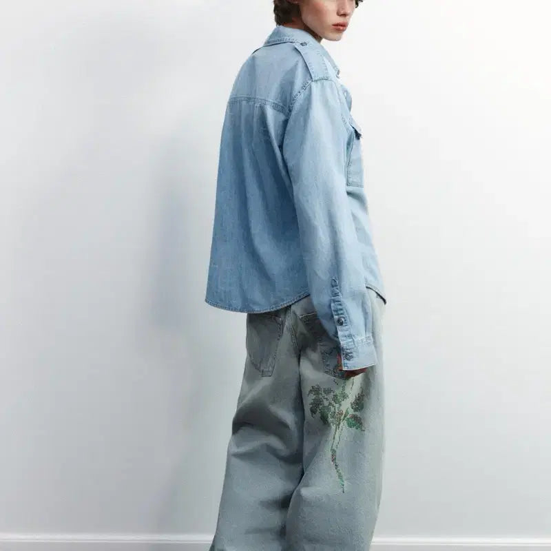 [BUNJANG] ZARA Denim Shirt XL / 자라 버클 데님 견장 연청 데님 셔츠 xl