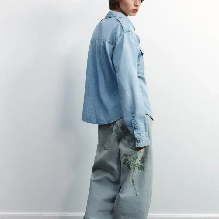 [BUNJANG] ZARA Denim Shirt XL / 자라 버클 데님 견장 연청 데님 셔츠 xl