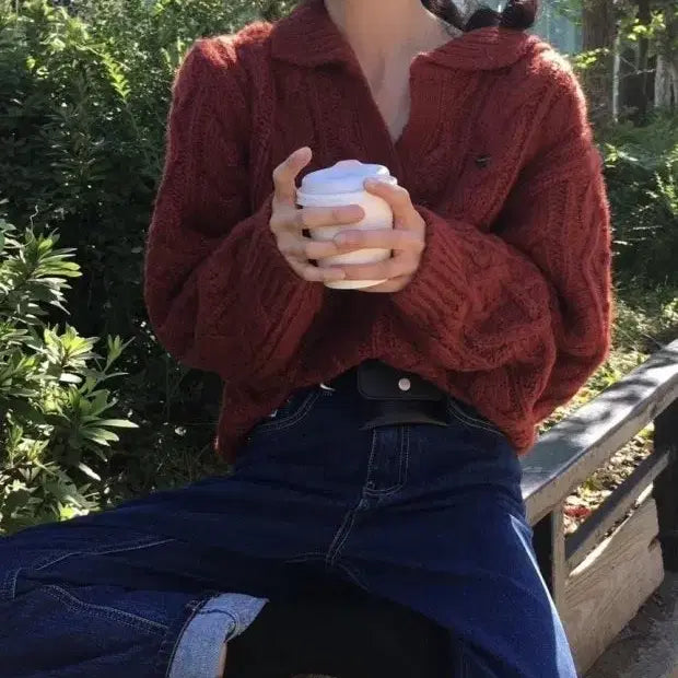 [BUNJANG] Overtake Cable Knit Sweater Cherry Red / 새제품 오버테이크 오브 꽈배기 니트 체리레드