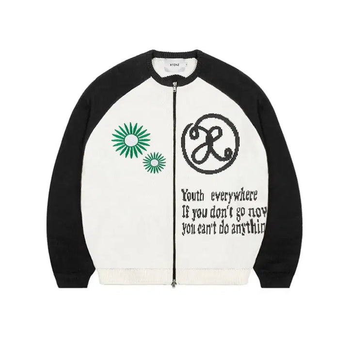 [BUNJANG] XTONZ Flower Raglan Knit Zip-up / 엑스톤즈 플라워 래글런 니트집업