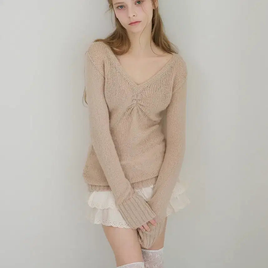 [BUNJANG] Raise Me Aisa Mohair Shirring Knit Top / 레이즈미야 아이사 모헤어 셔링 니트 모카무스