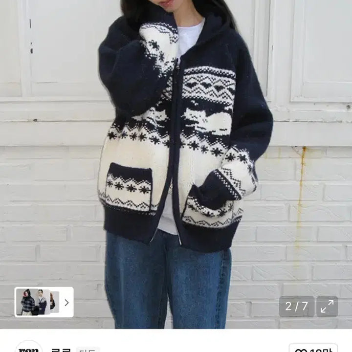 [BUNJANG] Ronron Cat Jacquard Hood Zip Up Knit Navy / 론론 CAT JACQUARD HOOD ZIP UP KNIT NAVY