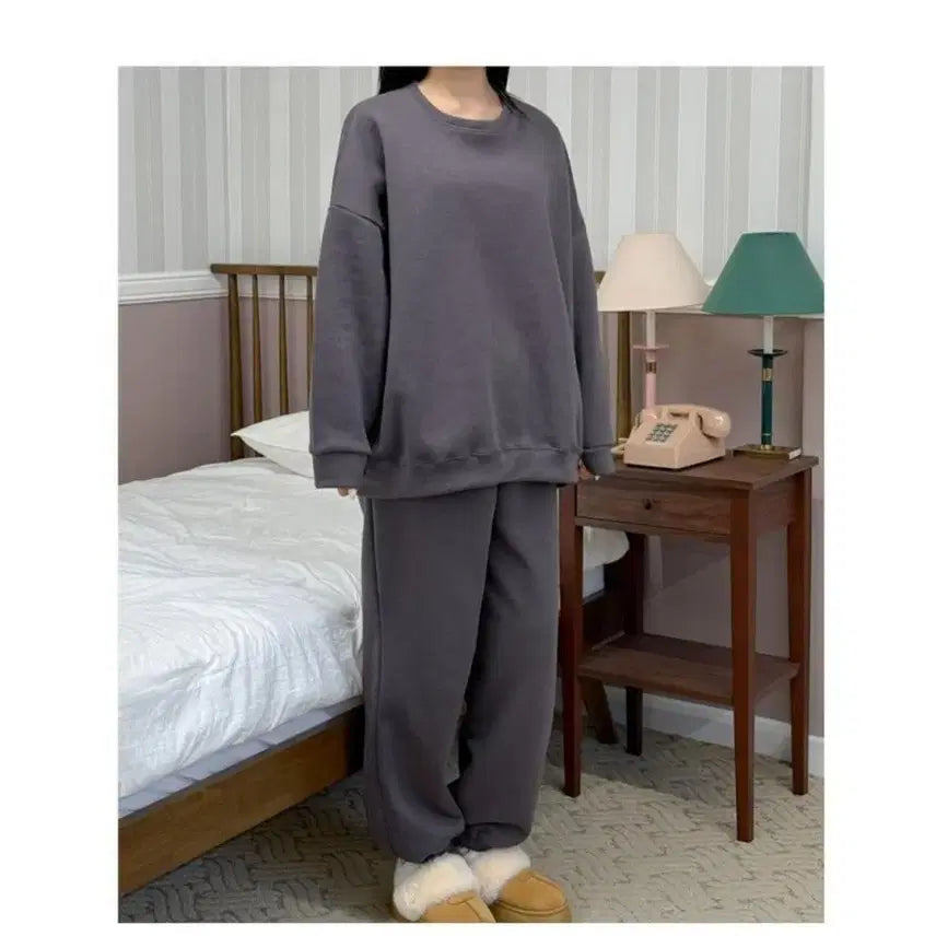 [BUNJANG] Women's Gray Charcoal Two-Piece Sweat Suit Set / 기모 맨투맨 트레이닝복 세트 회색차콜 투피스 츄리닝 여성