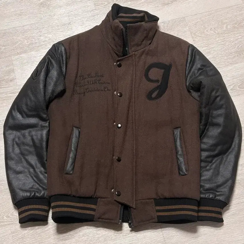 [BUNJANG] Vintage Brown Stadium Varsity Jacket with Leather Sleeves / 빈티지 브라운 갈색 스타디움 바시티 누빔 자켓